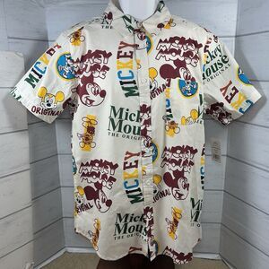 Disney Mickey Mouse Men's Medium Button Front Shirt Collared Short Sleeve Ivory